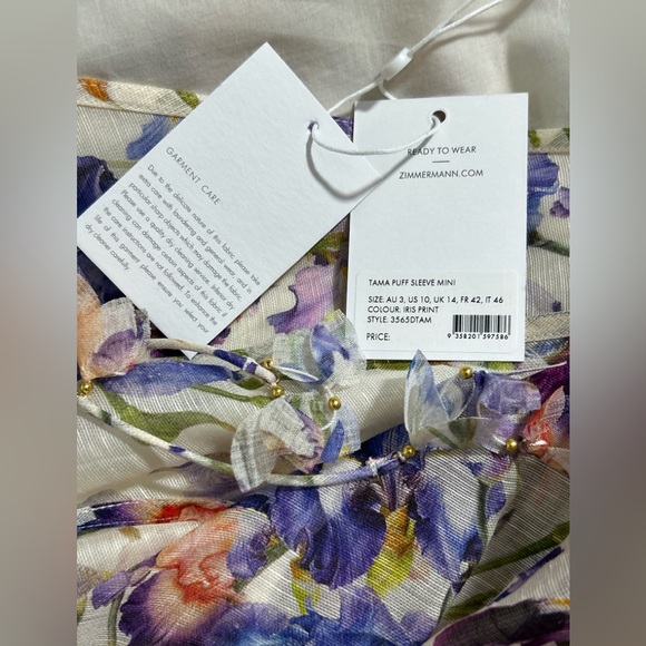 NWT Zimmermann (AU 3) Tama linen & silk puff sleeve Floral Mini Dress (US 10) - Picture 4 of 16